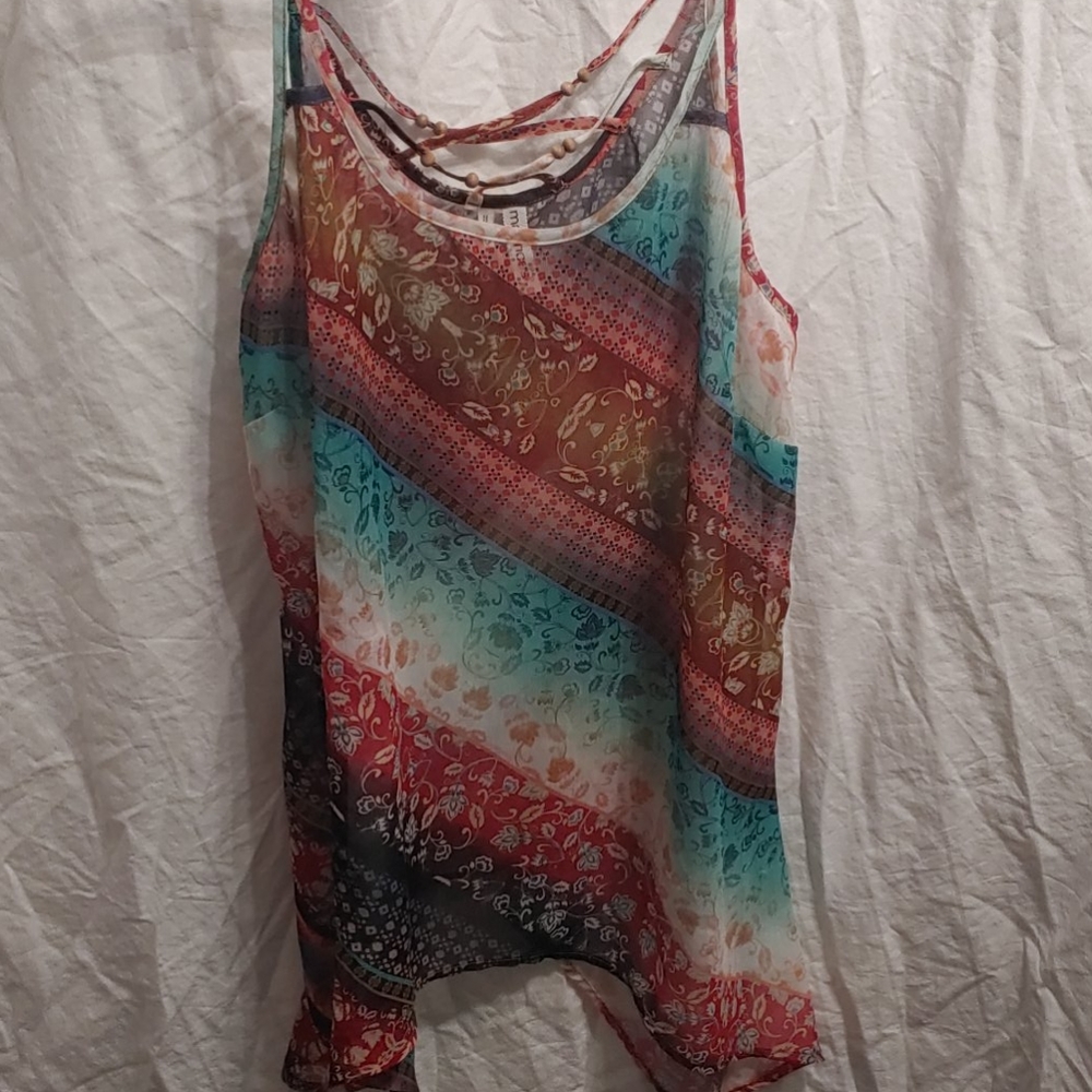 Any Item $10- Send an Offer (Purses Excluded) sheer tank top with shark bite hem